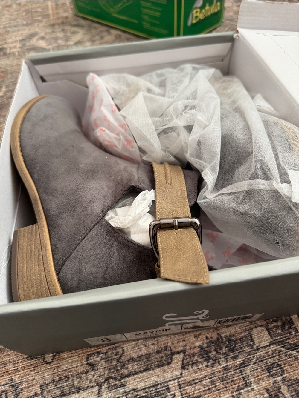 Women's Gray Suede Ankle Booties with Tan Strap